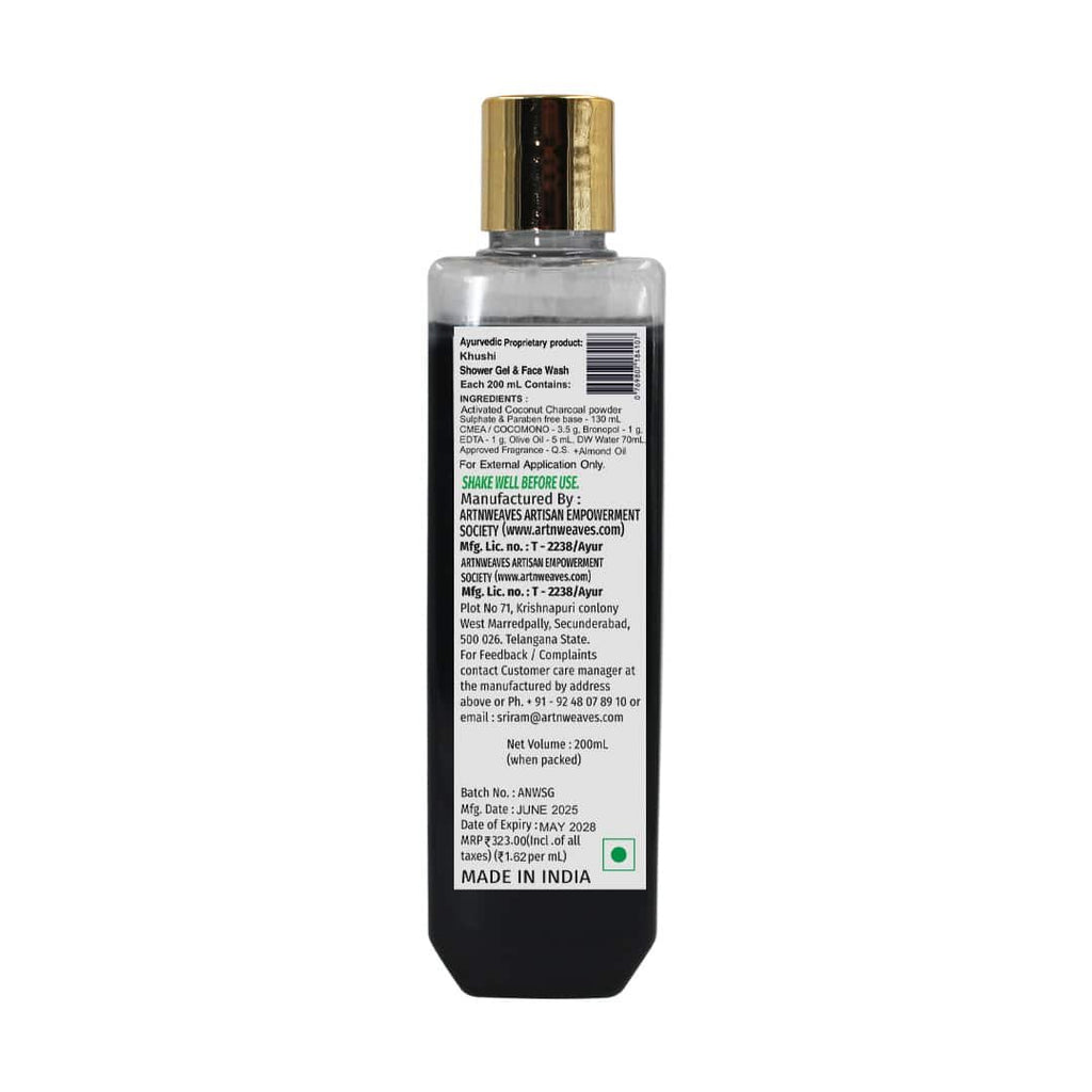 Activated Coconut Charcoal Shower Gel & Face wash – Khushi with Sulphates & Parabens free Base – 200ml