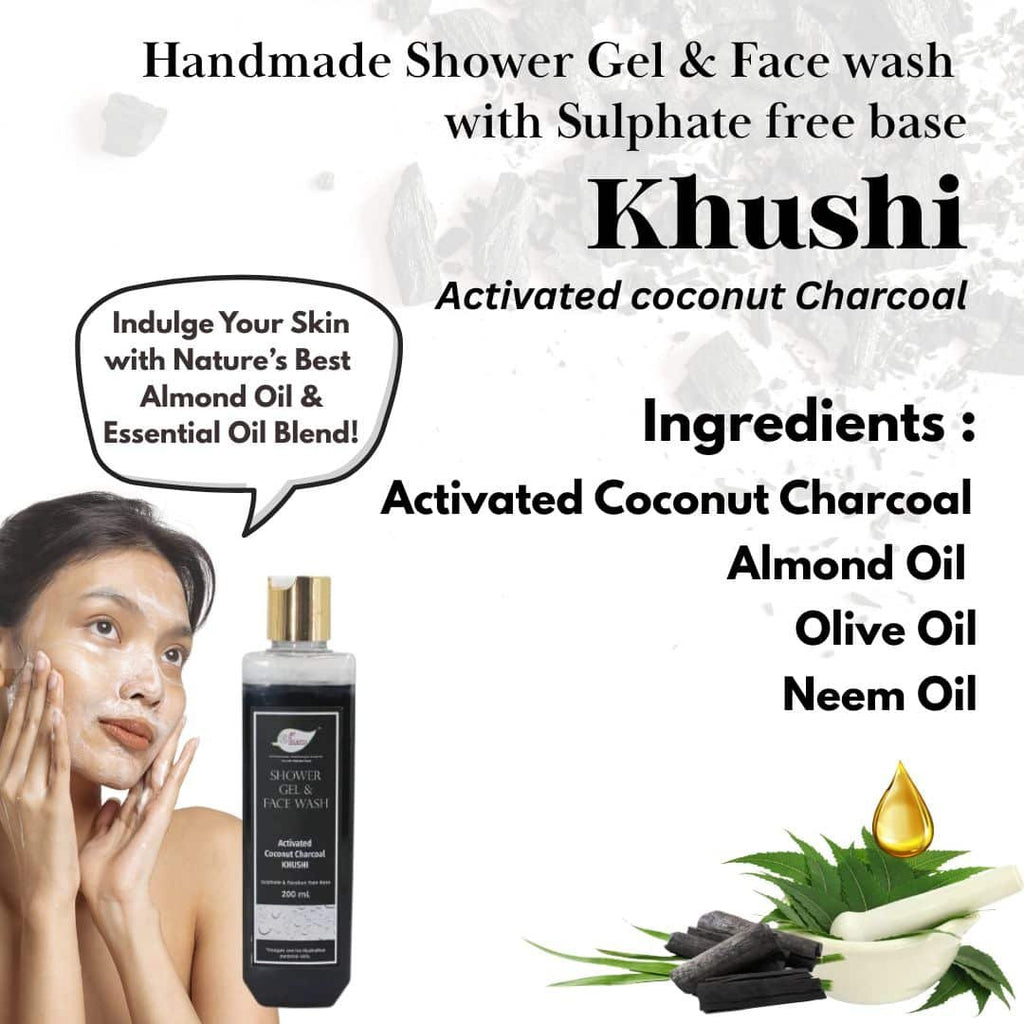 Activated Coconut Charcoal Shower Gel & Face wash – Khushi with Sulphates & Parabens free Base – 200ml