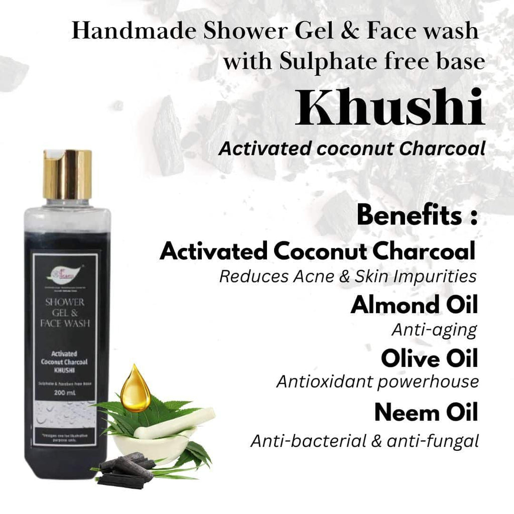 Activated Coconut Charcoal Shower Gel & Face wash – Khushi with Sulphates & Parabens free Base – 200ml