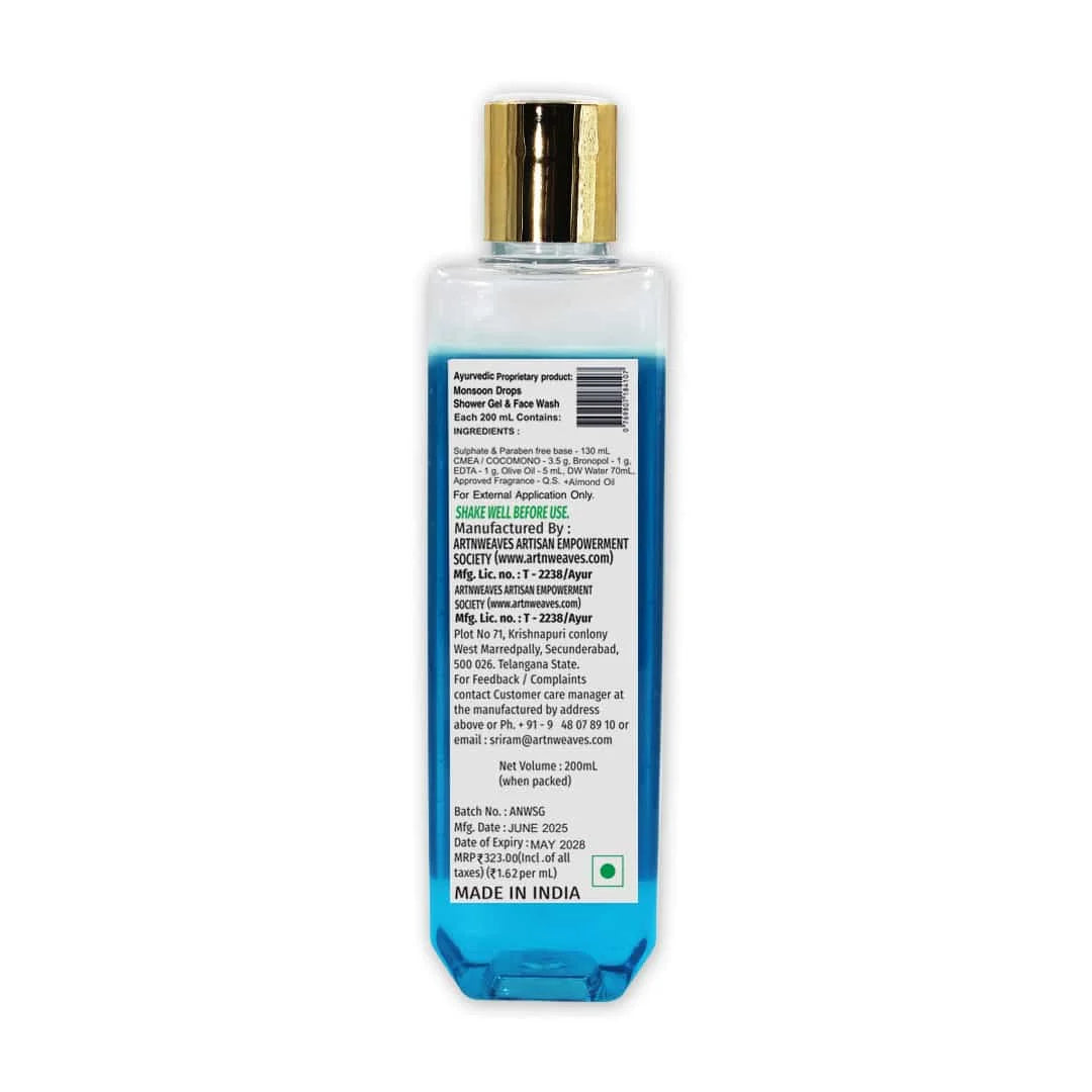 Monsoon Drops Shower Gel & Face wash with Sulphates & Parabens free Base 200ml