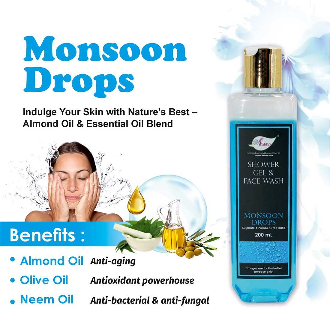 Monsoon Drops Shower Gel & Face wash with Sulphates & Parabens free Base – 500ml