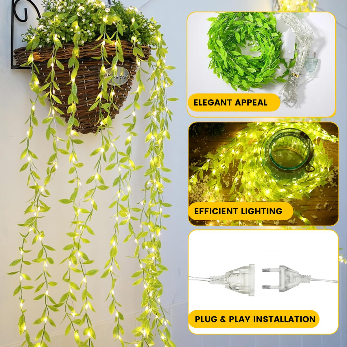 NC-A006 Artificial Vine Leaf Curtain Light  LED String Fake Greenery Garland Willow Leaves for Backdrop Bedroom Garden Home Birthday & Festive Decor  {Green leaf} size-13*7*8cm