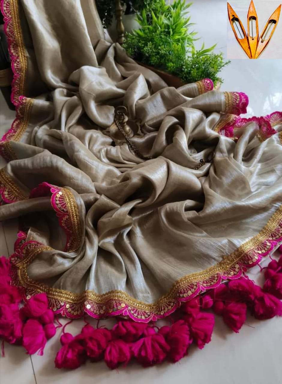 Pure Raga Tissue Silk Handcrafted Saree in Taupe Gold with Fuchsia Pink Designer Border & Tassel Pallu | Premium Festive, Wedding & Party Wear | Free Size | No Blouse Piece