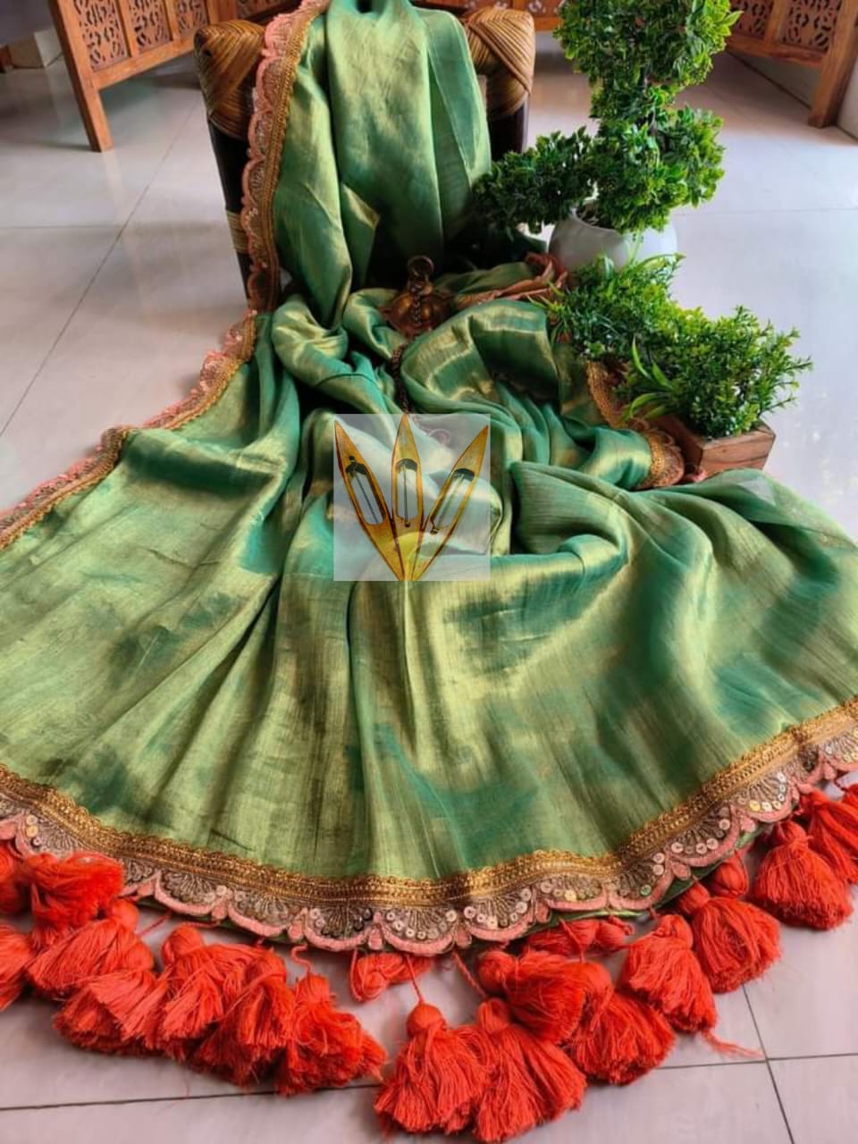 Pure Raga Tissue Silk Handcrafted Saree in Emerald Green with Designer Scalloped Border & Coral Tassels | Premium Festive & Party Wear | Free Size | No Blouse Piece