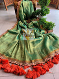 Pure Raga Tissue Silk Handcrafted Saree in Emerald Green with Designer Scalloped Border & Coral Tassels | Premium Festive & Party Wear | Free Size | No Blouse Piece