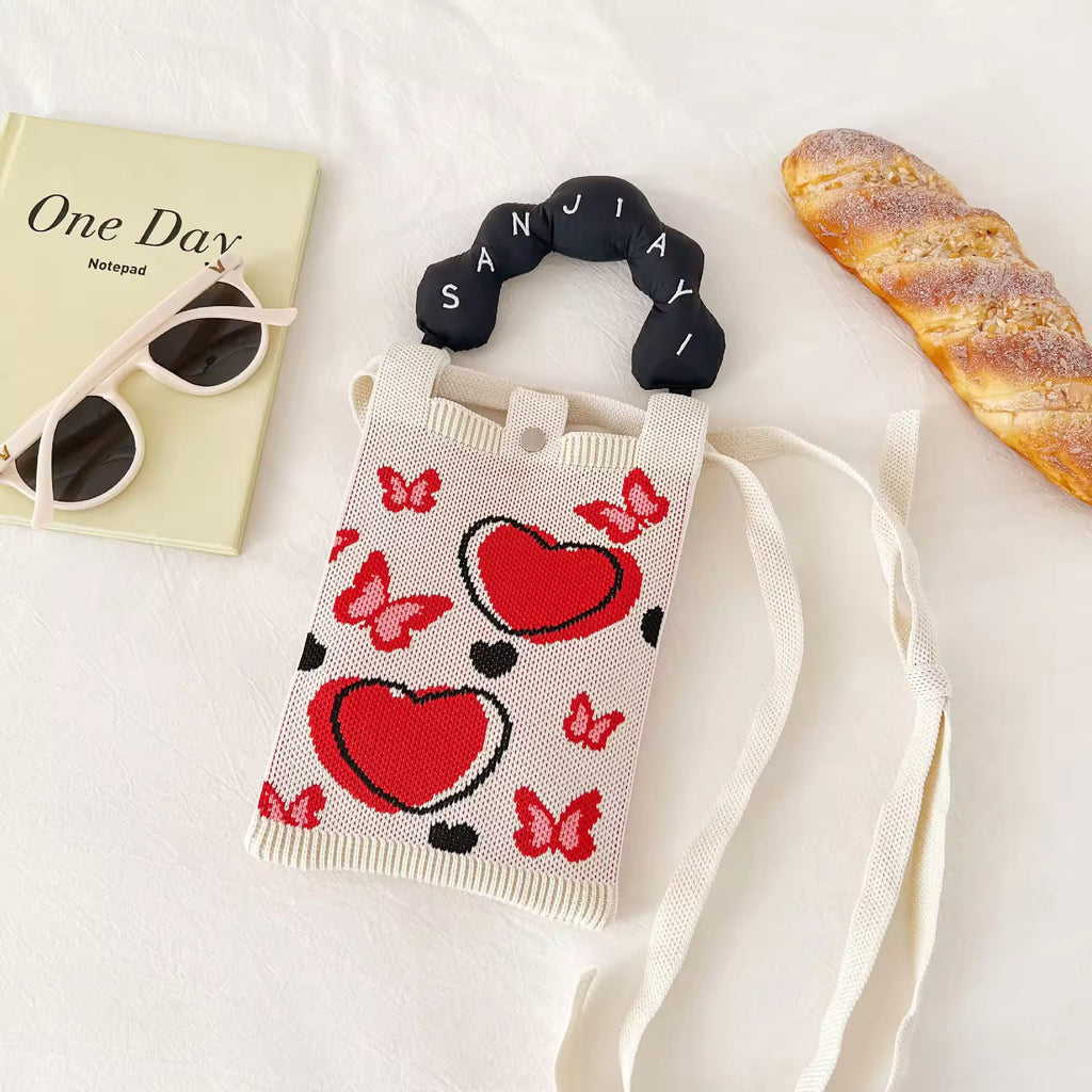 Kosoul New fashion shoulder bag mini knitted mobile phone bag Korean version versatile small portable change bag messenger bag Cute animals {Random Design} - 20484