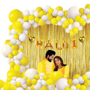 Haldi Decoration 45pcs Pack for Ceremony Gliter Paper Banner, Yellow & White Balloons, Fringe Foil Curtains, Golden Heart Balloons - 20667