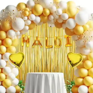 Haldi Decoration 45pcs Pack for Ceremony Gliter Paper Banner, Yellow & White Balloons, Fringe Foil Curtains, Golden Heart Balloons - 20667