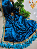 Pure Raga Tissue Silk Handcrafted Saree in Royal Peacock Blue with Aqua Designer Scalloped Border & Tassel Pallu | Premium Festive, Wedding & Party Wear | Free Size | No Blouse Piece