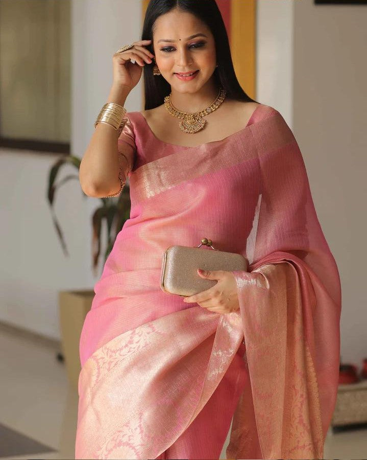 Pink Elegance – Handcrafted Banarasi Kota Tissue Saree with Gold Zari & Blouse Piece