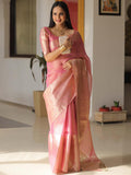Pink Elegance – Handcrafted Banarasi Kota Tissue Saree with Gold Zari & Blouse Piece