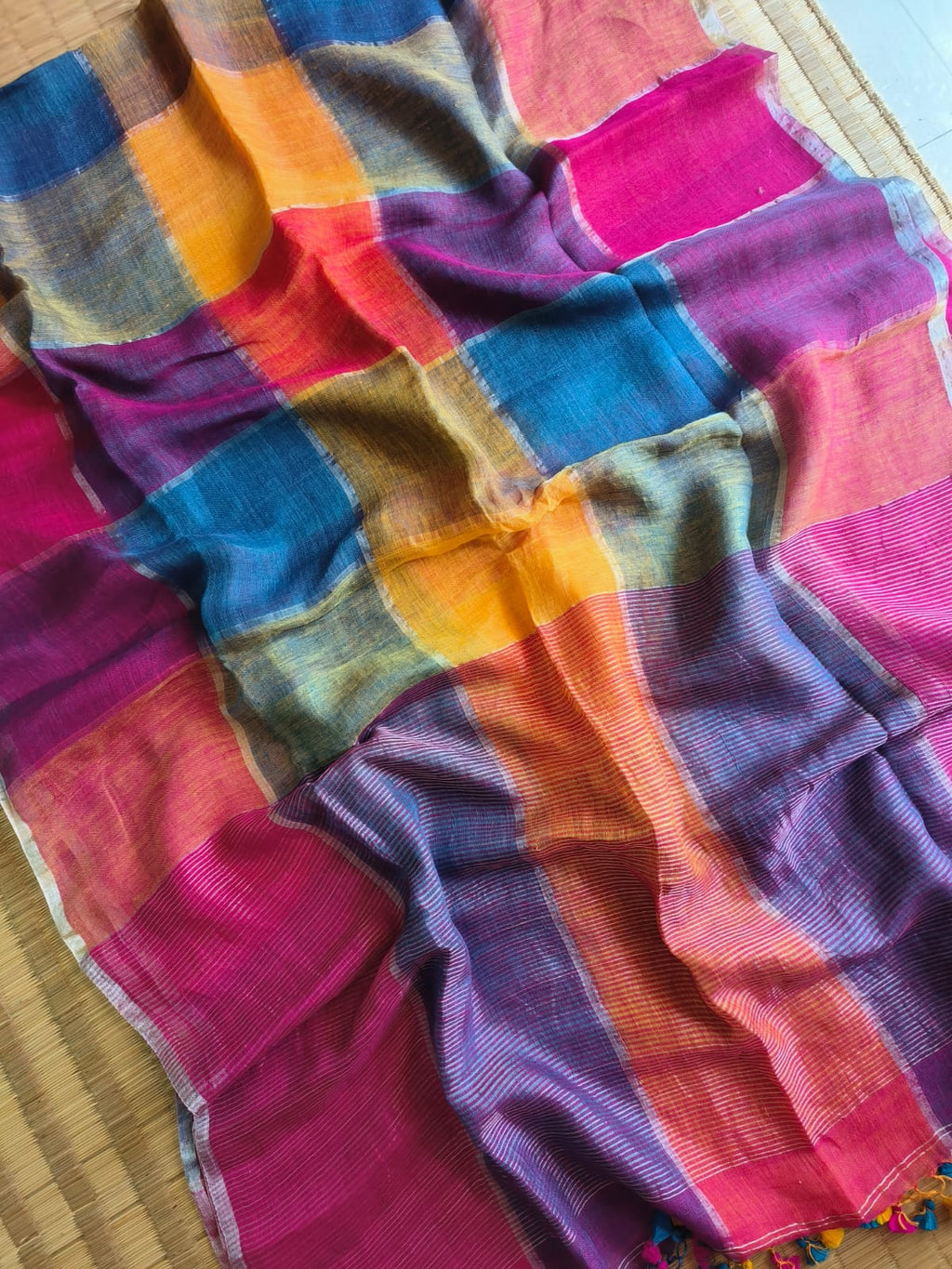 Meadow Bloom – Handcrafted Pure Linen Check Saree in Joyful Hues with Blouse Piece