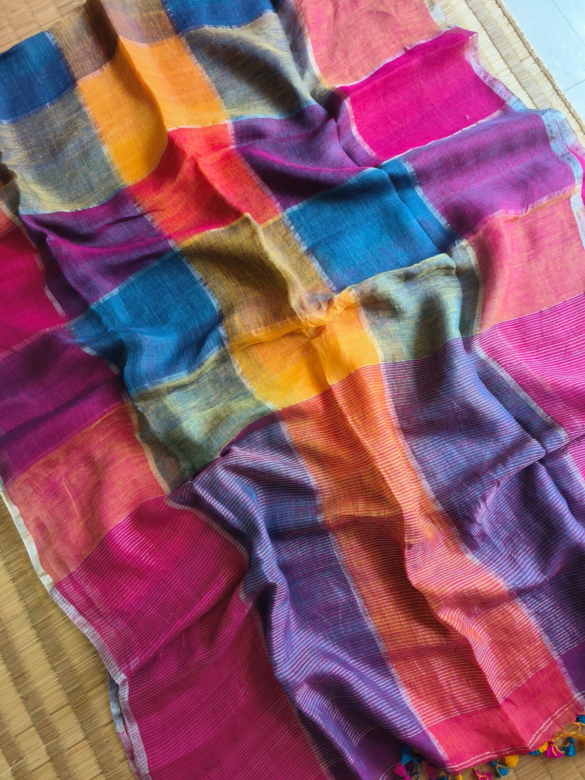 Meadow Bloom – Handcrafted Pure Linen Check Saree in Joyful Hues with Blouse Piece