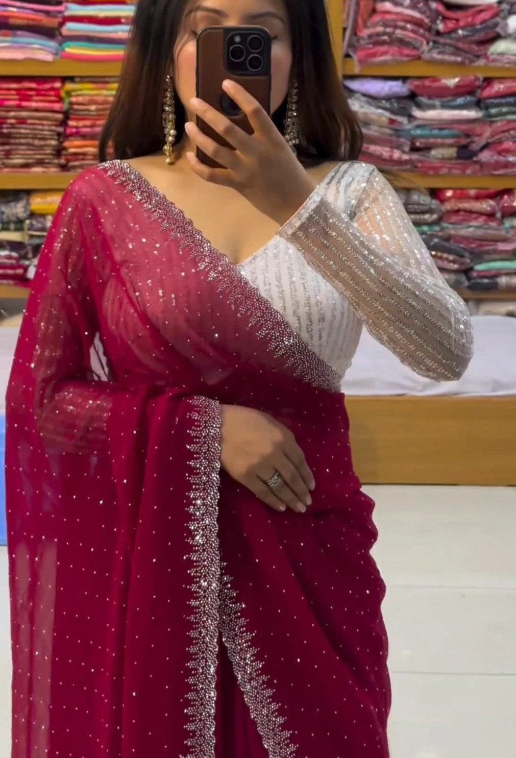 Royal Wine Handcrafted Pure Chiffon Saree – Bridal & Party Wear Elegance