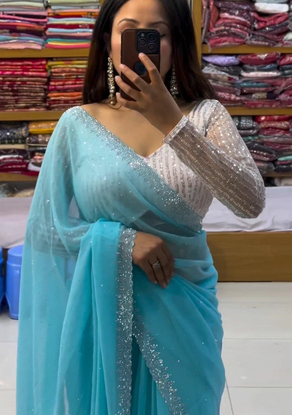 Sky Blue Handcrafted Pure Chiffon Saree – Bridal Party & Wedding Collection