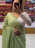 Pista Green Handcrafted Pure Chiffon Saree – Bridal Party & Wedding Collection
