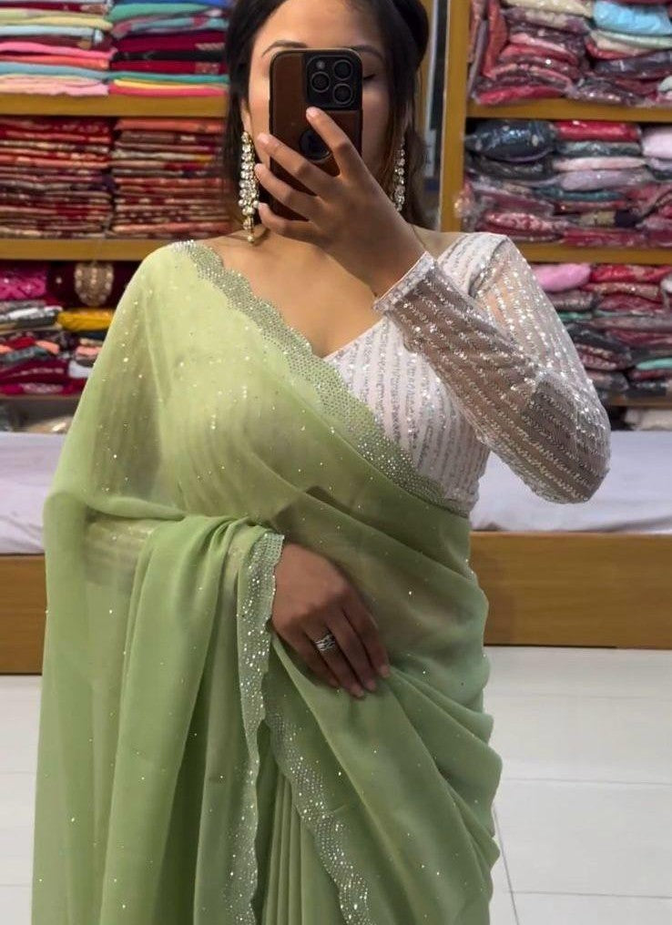 Pista Green Handcrafted Pure Chiffon Saree – Bridal Party & Wedding Collection
