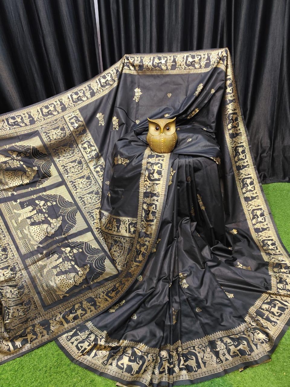 Midnight Majesty – Black & Gold Handcrafted Bishnupuri Silk Saree