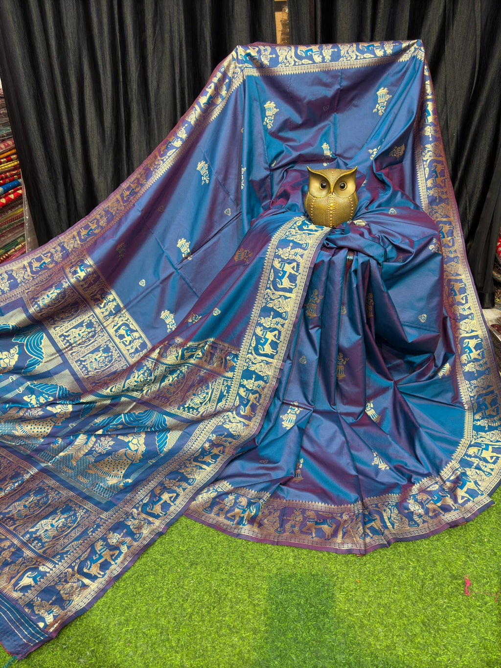 Indigo Aura – Handcrafted Bishnupuri Silk Saree with Golden Detailing