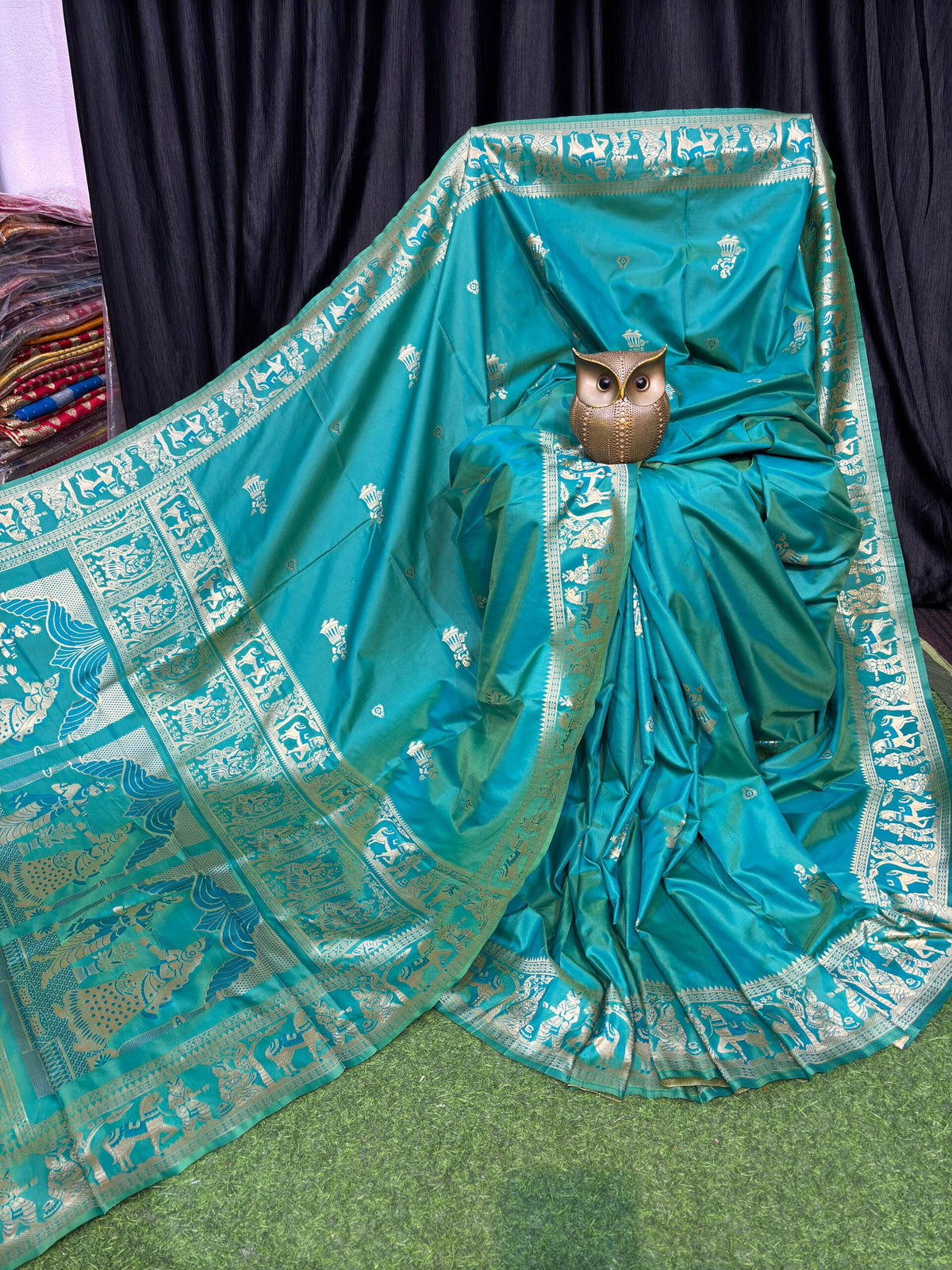 Opal Grace Handcrafted Bishnupuri Silk Saree in Tiffany Blue & Gold
