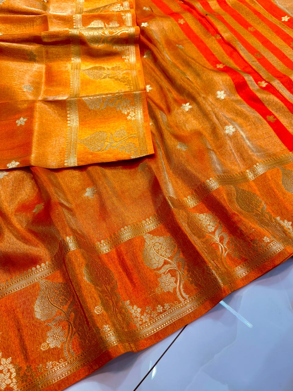 Radiant Marigold Orange Handwoven Tissue Banarasi Saree with Blouse – Golden Zari Elegance
