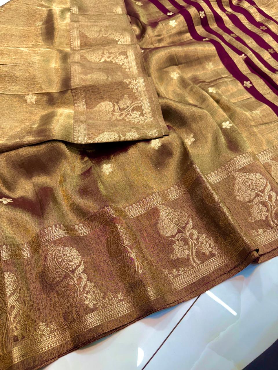 Regal Maroon Handcrafted Tissue Banarasi Saree with Intricate Gold Zari Weaving & Blouse Piece