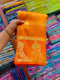 Radiant Marigold Orange Handwoven Tissue Banarasi Saree with Blouse – Golden Zari Elegance