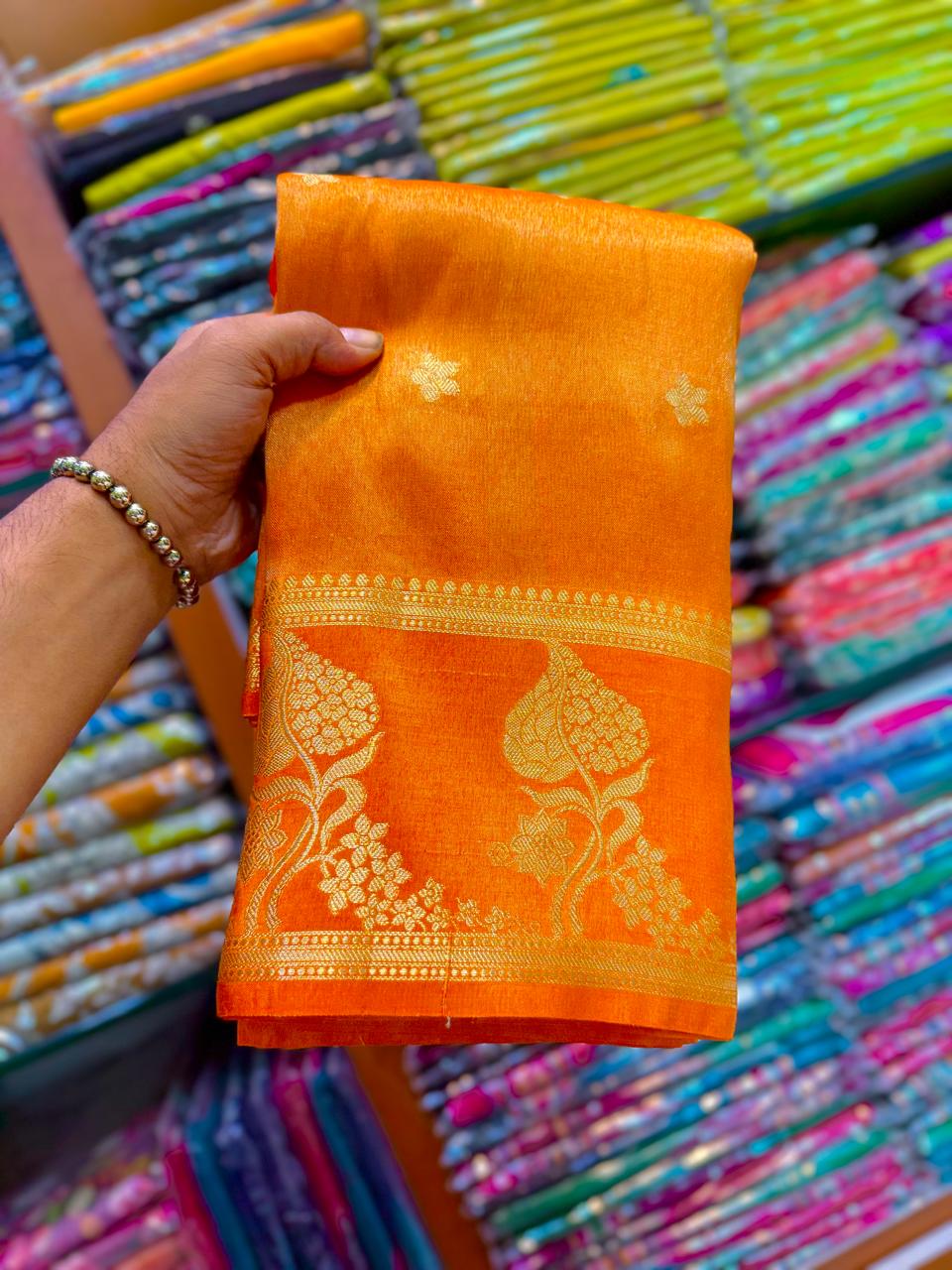 Radiant Marigold Orange Handwoven Tissue Banarasi Saree with Blouse – Golden Zari Elegance