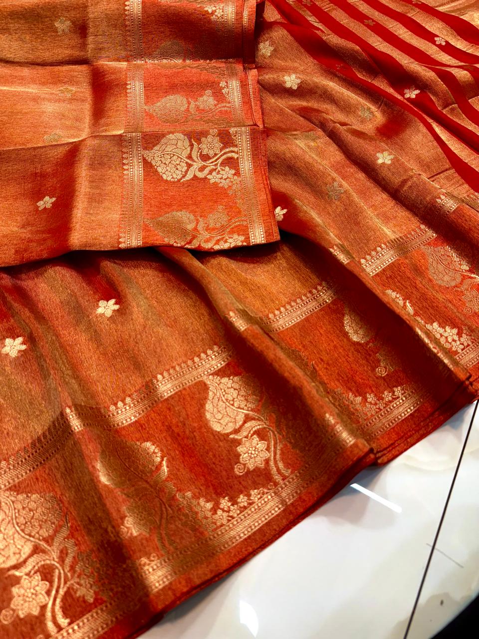 Regal Reddish-Orange Handwoven Tissue Banarasi Saree with Gold Zari – With Blouse Piece