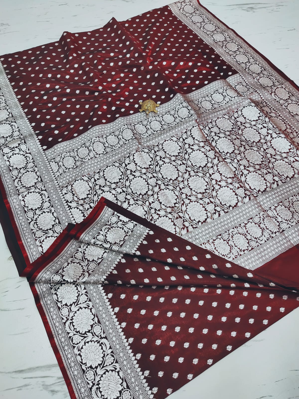 Royal Maroon Handcrafted Pure Satin Banarasi Saree with Heavy Silver Zari & Blouse Border Detailing