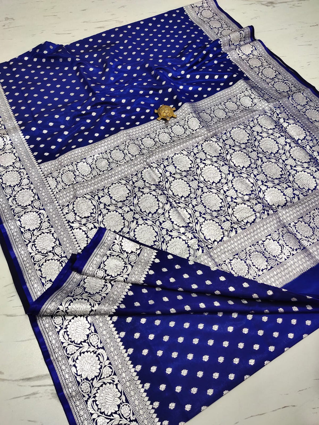 Navy Elegance: Handcrafted Satin Banarasi Saree with Heavy Silver Zari & Blouse