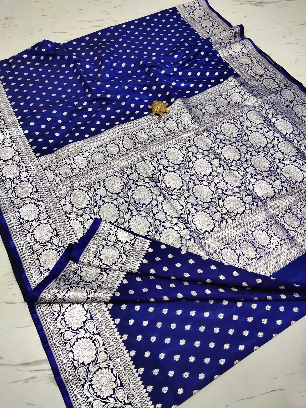 Navy Elegance: Handcrafted Satin Banarasi Saree with Heavy Silver Zari & Blouse