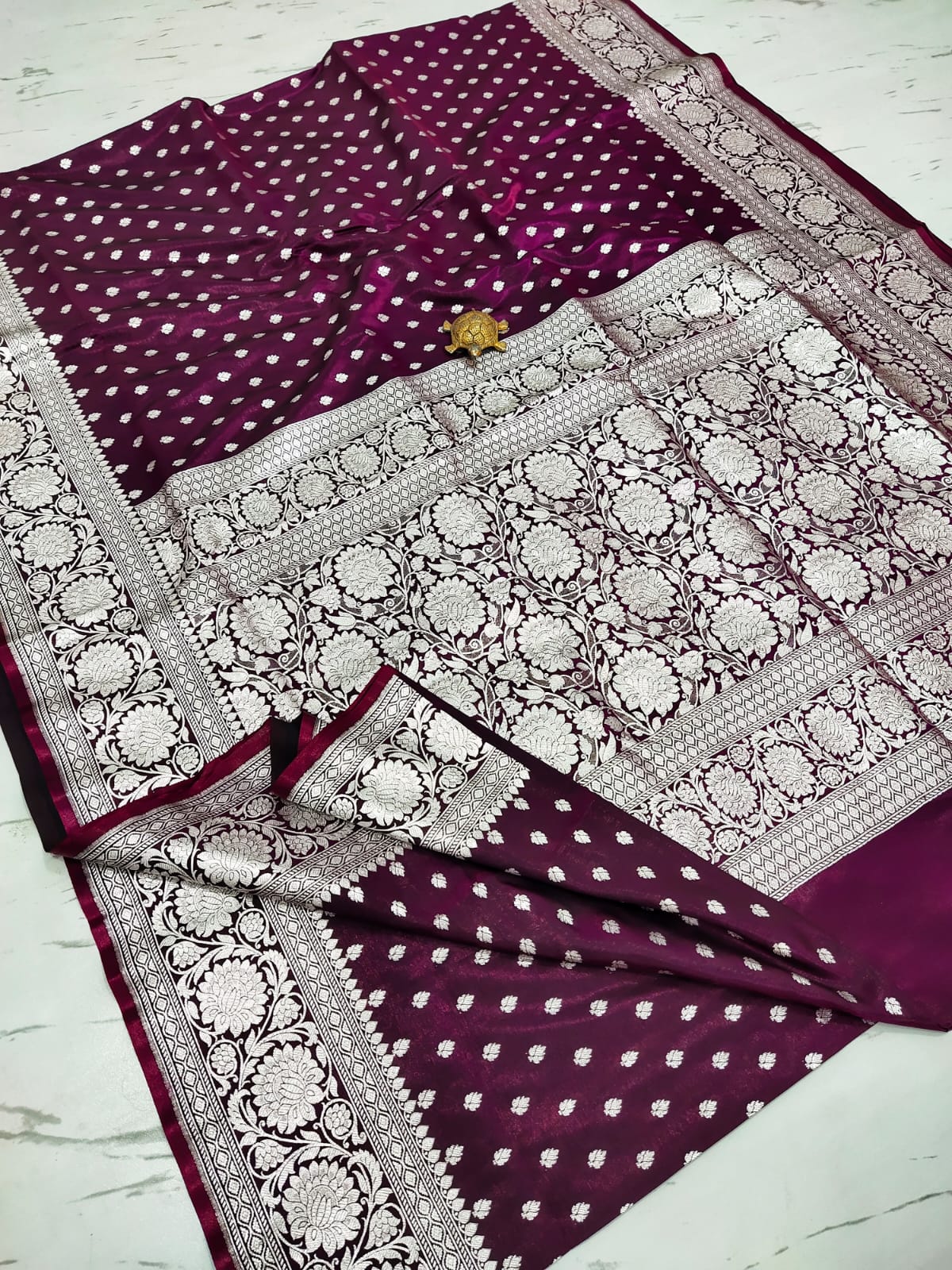 Majestic Maroon Handcrafted Satin Banarasi Saree with Heavy Silver Zari & Matching Blouse Piece