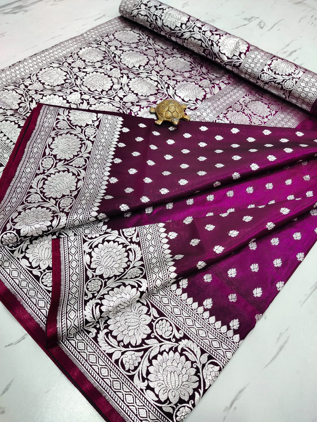 Majestic Maroon Handcrafted Satin Banarasi Saree with Heavy Silver Zari & Matching Blouse Piece