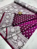 Majestic Maroon Handcrafted Satin Banarasi Saree with Heavy Silver Zari & Matching Blouse Piece