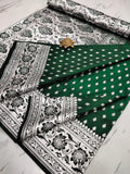 Regal Green Handcrafted Pure Satin Banarasi Saree with Heavy Silver Zari Border & Matching Blouse Piece