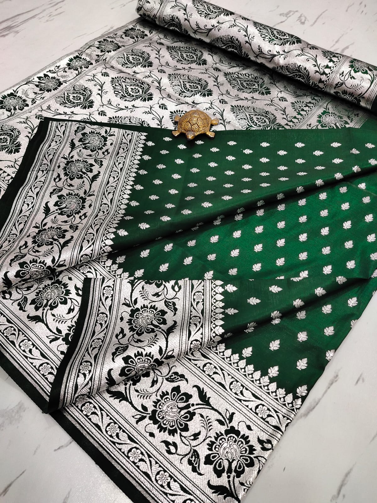 Regal Green Handcrafted Pure Satin Banarasi Saree with Heavy Silver Zari Border & Matching Blouse Piece