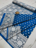 Indigo Allure: Handcrafted Pure Satin Banarasi Saree with Heavy Silver Zari & Matching Blouse Border