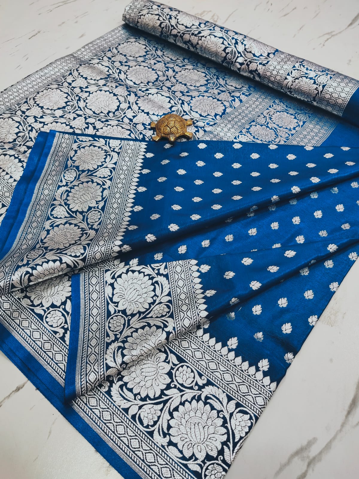 Indigo Allure: Handcrafted Pure Satin Banarasi Saree with Heavy Silver Zari & Matching Blouse Border