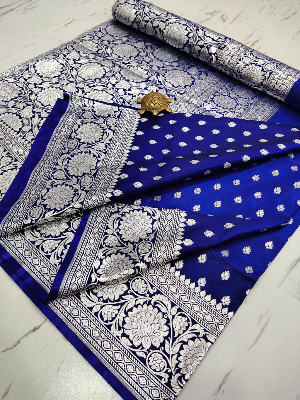 Navy Elegance: Handcrafted Satin Banarasi Saree with Heavy Silver Zari & Blouse