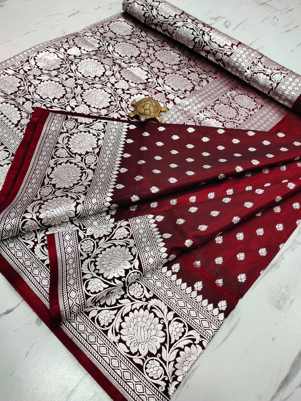 Royal Maroon Handcrafted Pure Satin Banarasi Saree with Heavy Silver Zari & Blouse Border Detailing