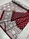 Royal Maroon Handcrafted Pure Satin Banarasi Saree with Heavy Silver Zari & Blouse Border Detailing