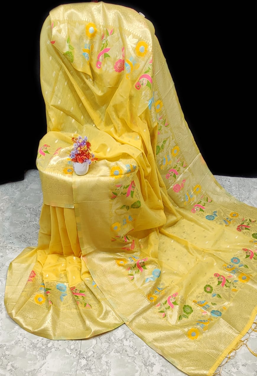 Sunlit Elegance: Handwoven Yellow Paithani Silk Linen Saree with Butti Work & Blouse Piece