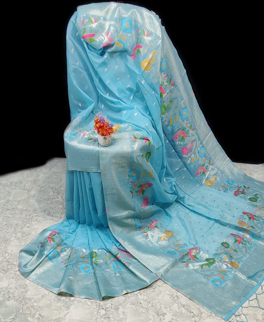 Handwoven Sky Blue Paithani Silk Linen Saree with All-Over Butti & Blouse Piece – Premium Soft Finish