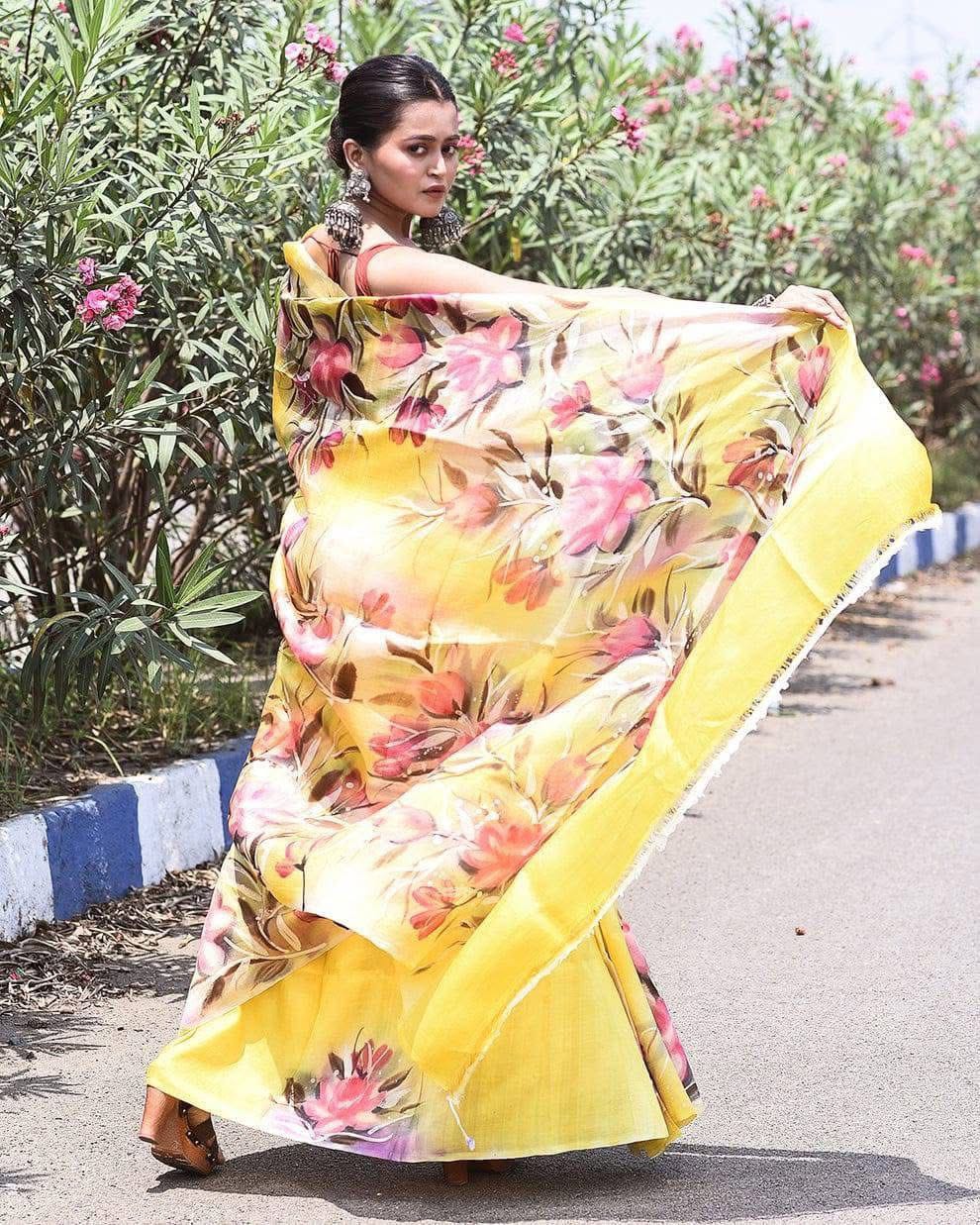 Sunlit Blossom Yellow Semi Murshidabad Bapta Silk Saree – Handblock Floral Print with Blouse