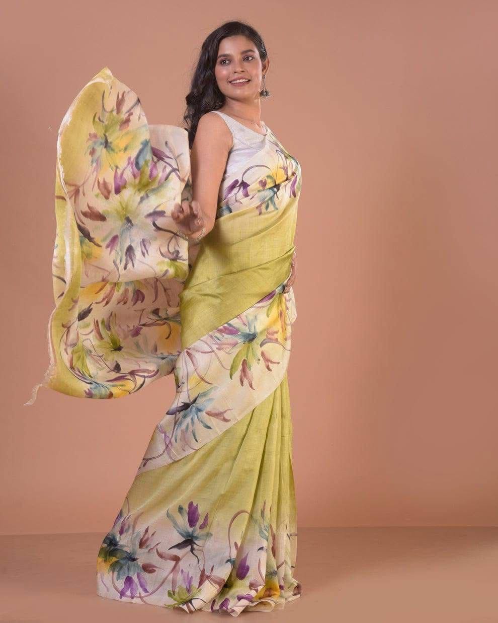 Lime Whisper Semi Murshidabad Bapta Silk Saree – Handblock Floral Print in Yellow, Purple & Blue with Blouse