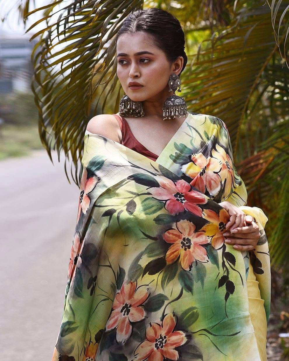 Pastel Bloom Semi Murshidabad Bapta Silk Saree in Light Yellow & Pale Green – Handblock Floral Elegance with Blouse