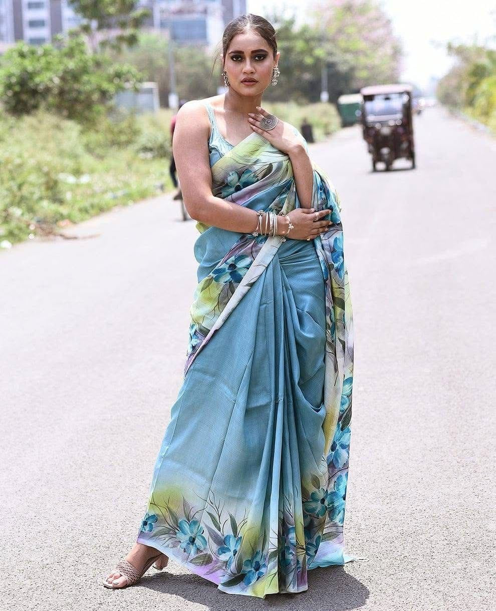 Summer Bloom Blue Semi Murshidabad Bapta Silk Saree – Handblock Printed Elegance with Blouse