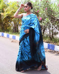 Indigo Drift Semi Murshidabad Bapta Silk Saree – Blue with Black Abstract Handblock Print + Blouse