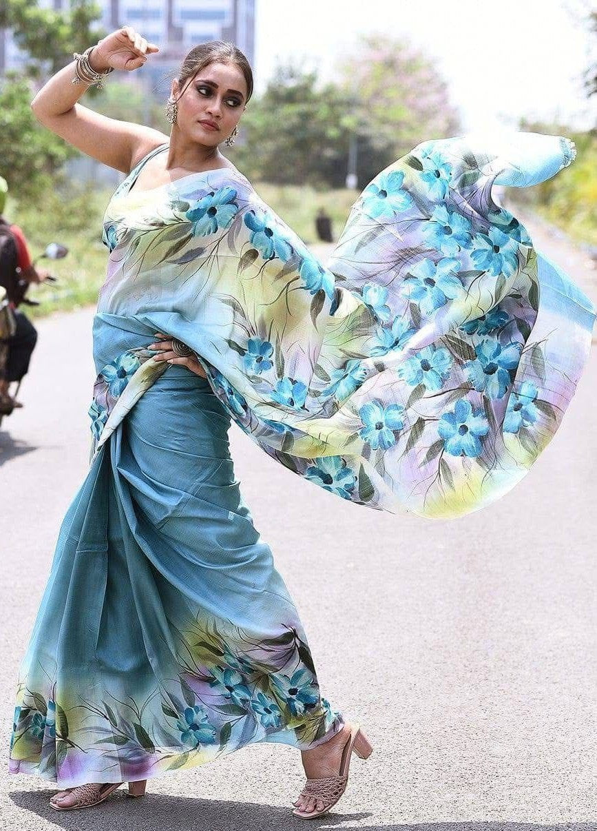 Summer Bloom Blue Semi Murshidabad Bapta Silk Saree – Handblock Printed Elegance with Blouse